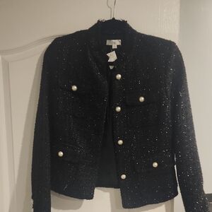 Black Tweed Blazer with Pearl Accents